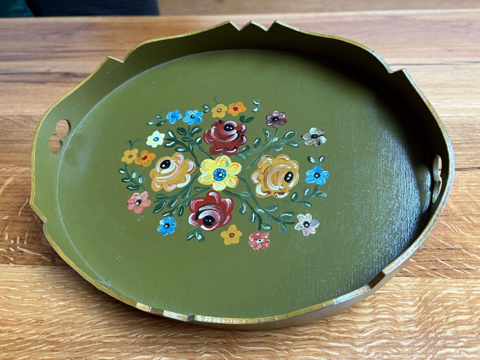 Vintage Dienblad - Groen met Bloemen (28x22 cm), Ophalen of Verzenden, Gebruikt, Ovaal, Hout