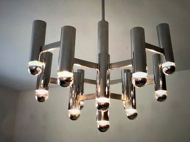Prachtige design lamp v. Sciolari: vintage in goede conditie, Huis en Inrichting, Gebruikt, Metaal, E40, Vintage, Sciolari, Italië, metaal, design, hanglamp, lamp