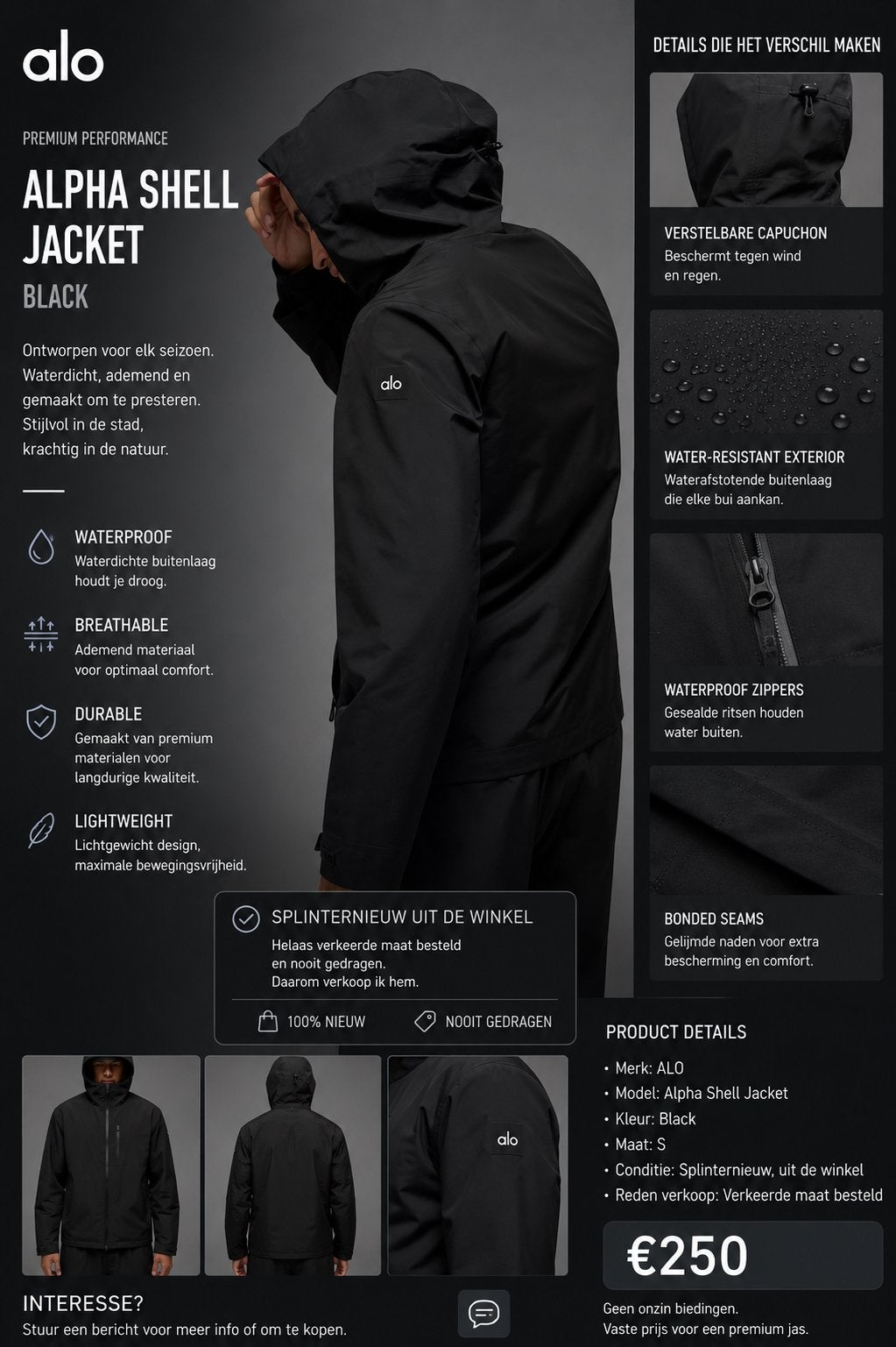 ALO Alpha Shell Jacket in Black, maat S, Ophalen of Verzenden, Nieuw, Maat 36 (S), Zwart