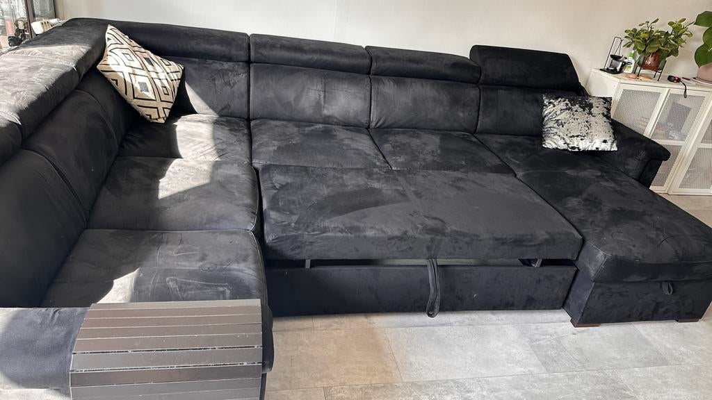Grote zwarte hoekbank met opbergruimte en slaapfunctie, Tuin en Terras, Tuinsets en Loungesets, Ophalen, Gebruikt, Textileen, Loungeset