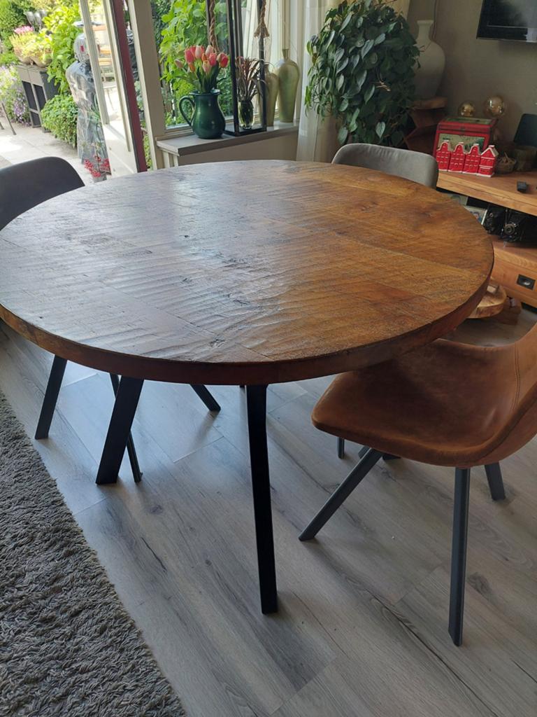 Eikenhouten tafel met stalen poten, Huis en Inrichting, Tafels | Eettafels, Ophalen, Rechthoekig, 200 cm of meer, 50 tot 100 cm