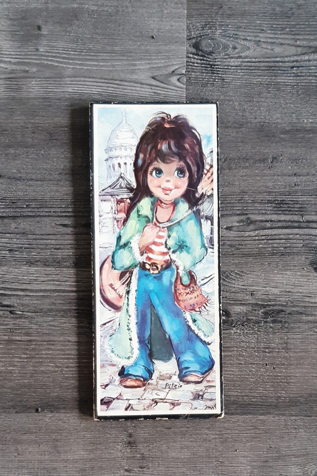 Vintage Pitzie print op hout - Meisje met gitaar, Ophalen of Verzenden, Gebruikt, Minder dan 50 cm, Print