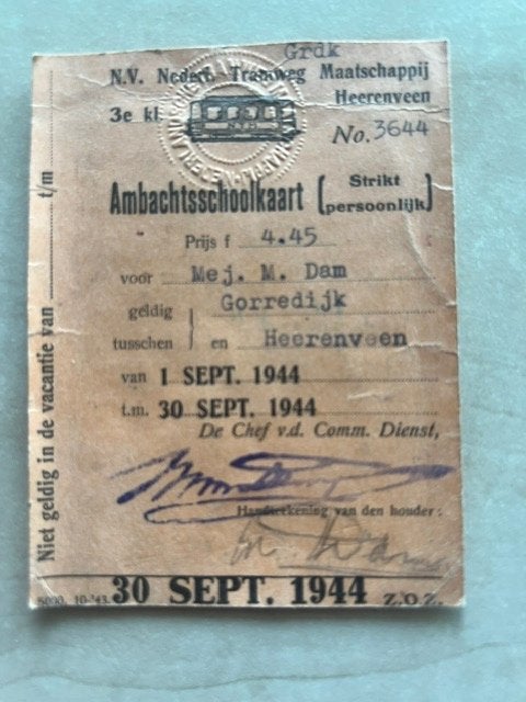 treinkaartje 1944 heerenveen, Ophalen of Verzenden, Gebruikt, Trein, Kaart of Prent