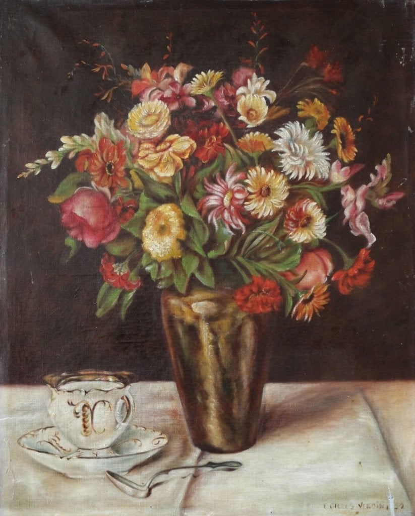 Bloemstilleven, olie/doek, onduidelijk gesigneerd., Antiek en Kunst, Bloemen, Doek, Ophalen of Verzenden, Olieverf