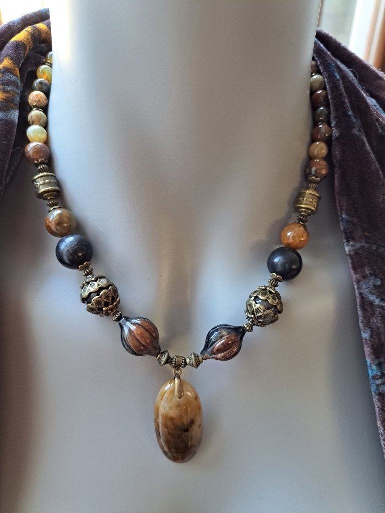 040 Ketting van Pietersiet-Jade-Picasso Jaspis met hanger, Overige kleuren, Nieuw, Ophalen of Verzenden, Steen of Mineraal