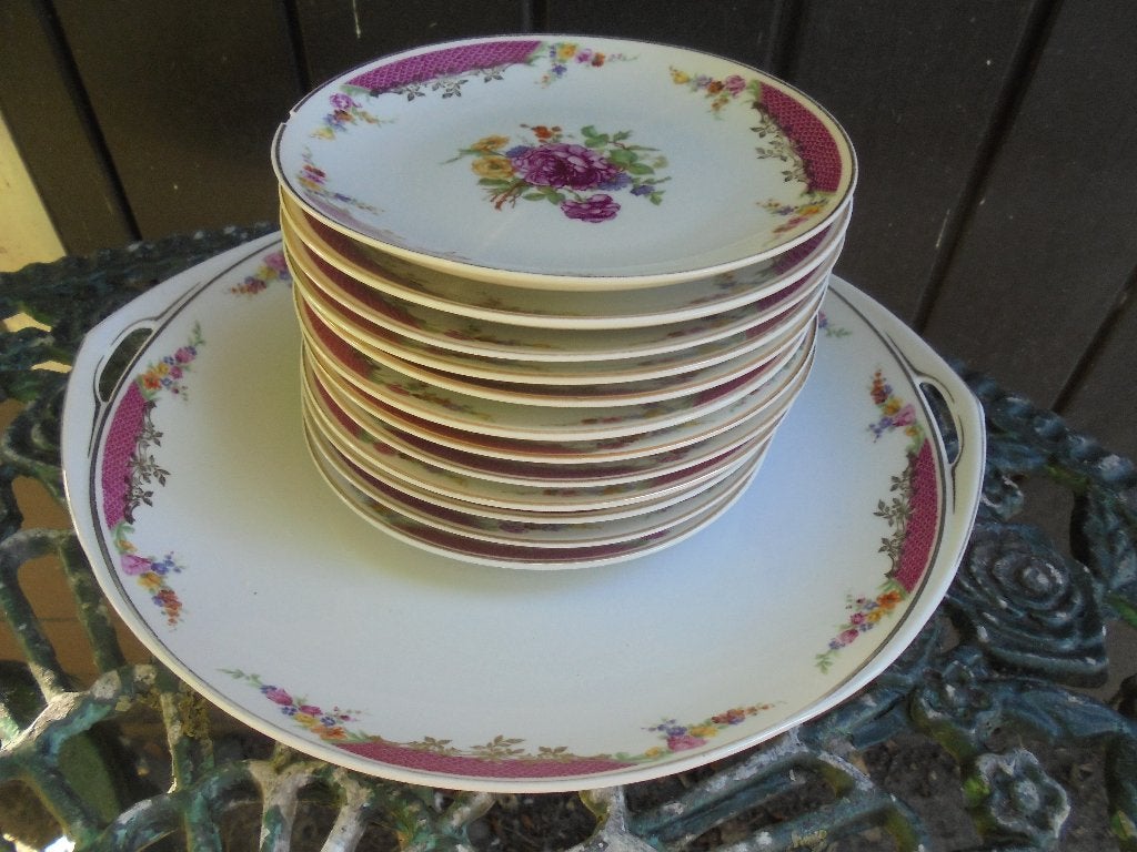 Gebakstel Rosenthal Bavaria met roze rand en bloemboeketjes, Ophalen of Verzenden