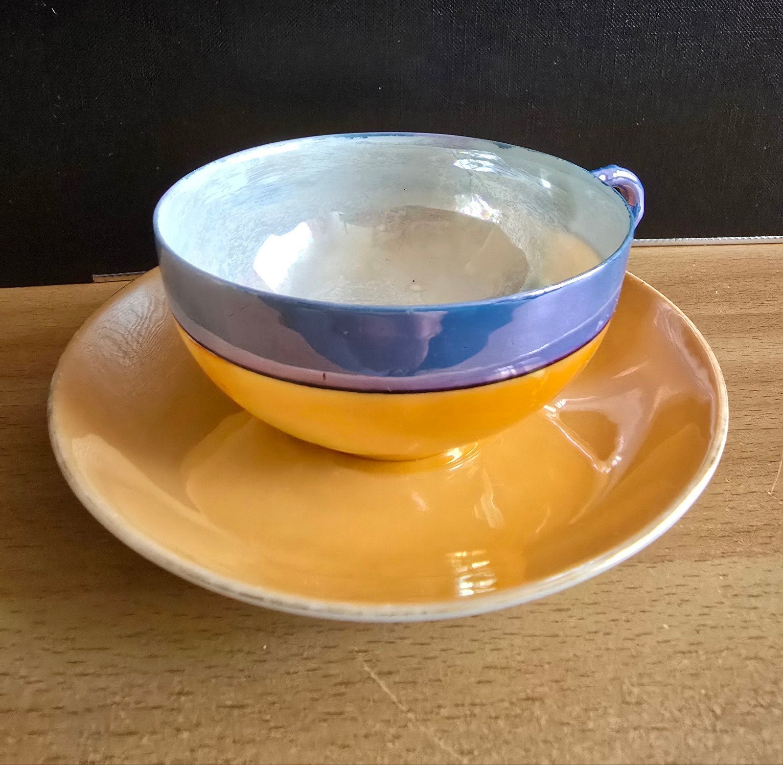 Vintage theekopje met schotel, parelmoer en oranje, Ophalen of Verzenden