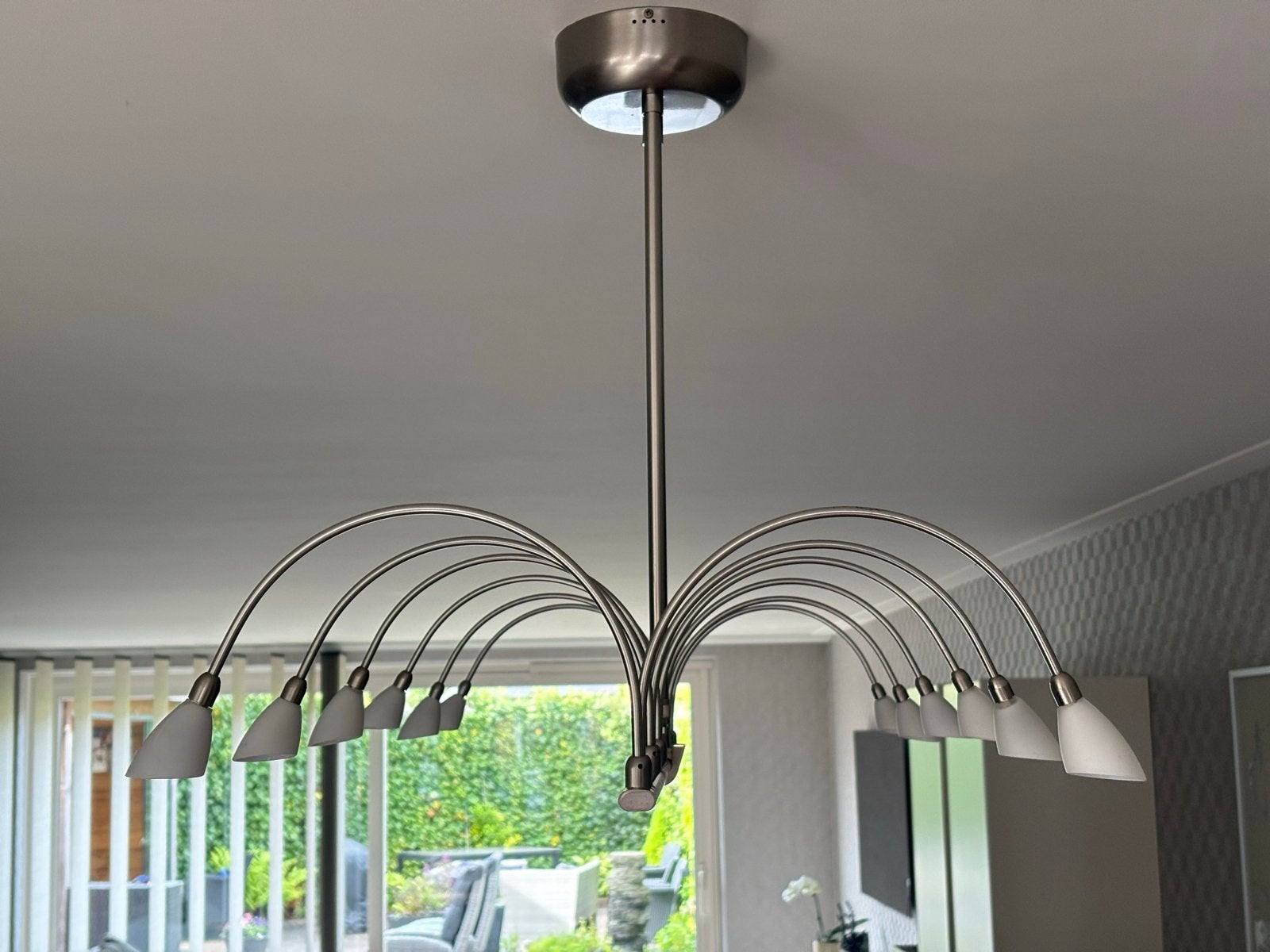 Moderne hanglamp met 12 armen, RVS look, Ophalen, Zo goed als nieuw, Metaal, 75 cm of meer