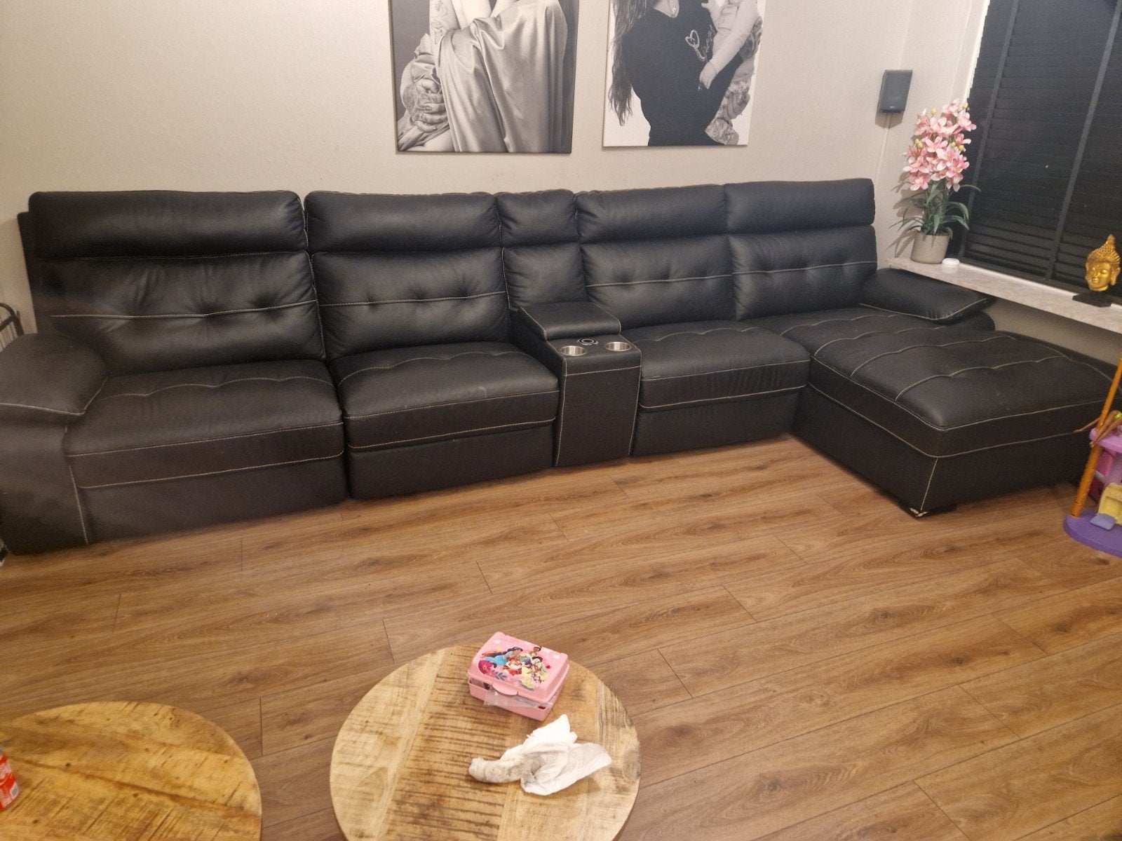 Zwarte Leren Hoekbank met Relaxfunctie en USB-oplader, Ophalen of Verzenden, Gebruikt, Leer, Modern, Comfort