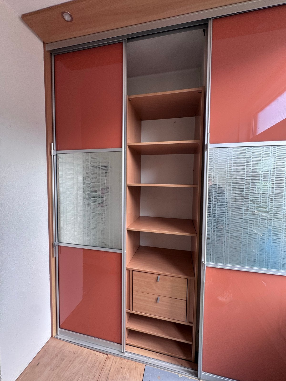 Garderobe/halkast met schuifdeuren, planken en lades, Ophalen, Gebruikt, 200 cm of meer, 150 tot 200 cm