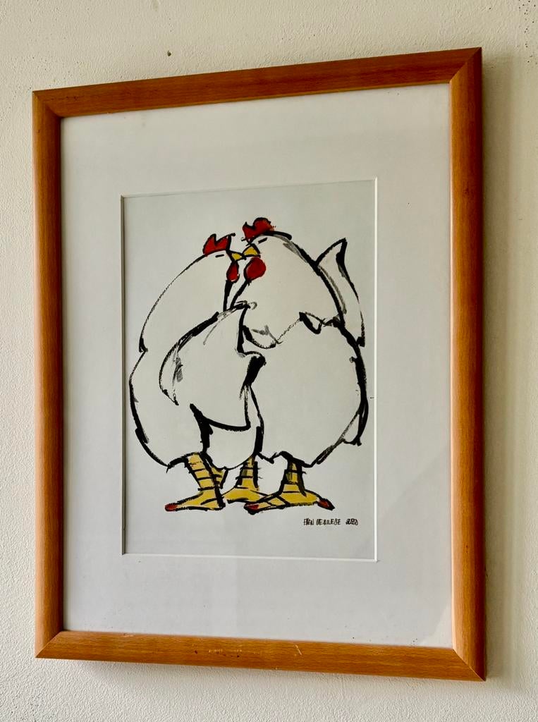 Ingelijste zeefdruk of litho van Ellen Meuwese titel kippen, Ophalen of Verzenden