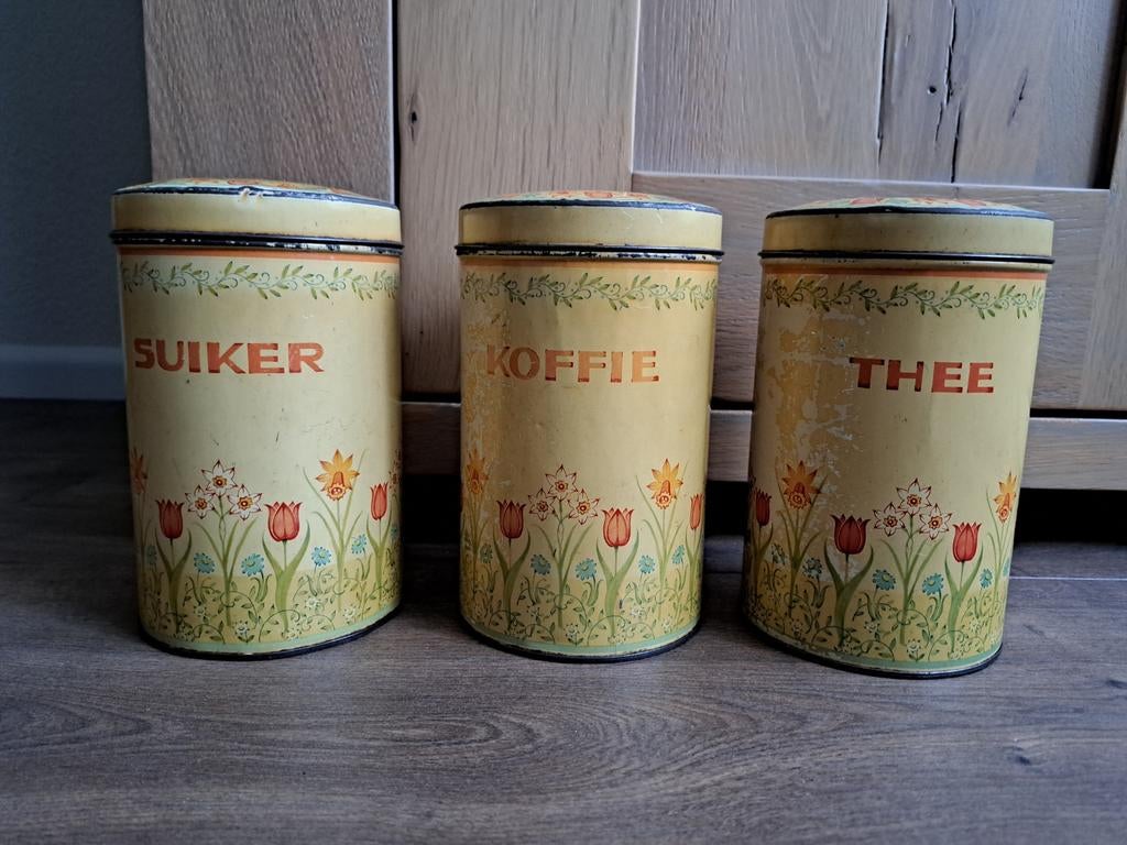 Set geel/oranje voorraadbussen blikken suiker koffie thee, Ophalen of Verzenden, Gebruikt