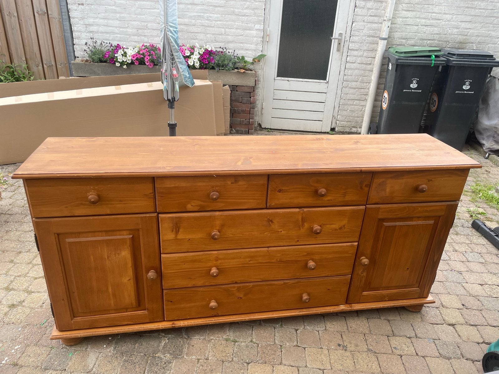 Massief grenen dressoir met lades en deuren, Huis en Inrichting, Kasten | Dressoirs, Ophalen, Gebruikt, 200 cm of meer, Met lade(s)