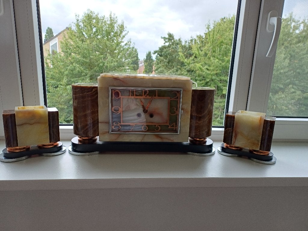 Art Deco Marmeren Klok met Kandelaars, Ophalen