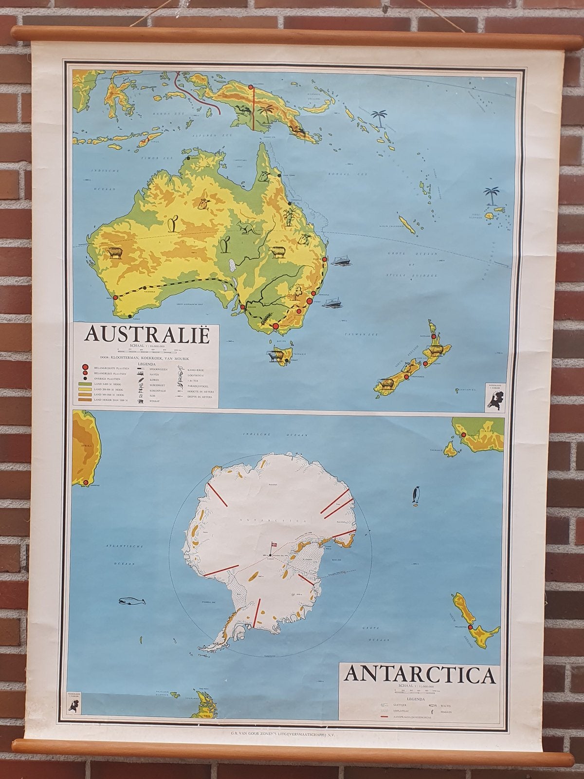 Schoolplaat Australië en Antarctica, Antiek en Kunst, Antiek | Schoolplaten, Ophalen, Aardrijkskunde