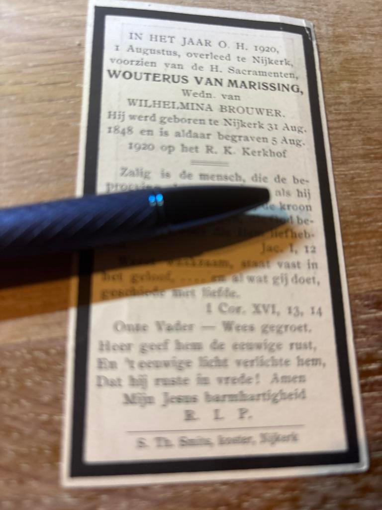 Marissing van Wouterus 1848 Nijkerk 1920 x Brouwer - 29713, Ophalen of Verzenden, Bidprentje
