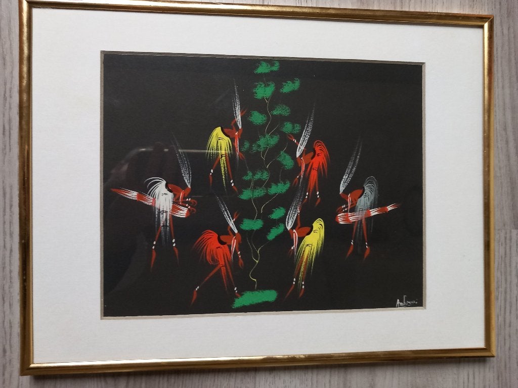 Olieverf krijgers of inheemse figuren in rituele dans lijst, Overige herkomsten, Ophalen of Verzenden, Schilderij, Ingelijst