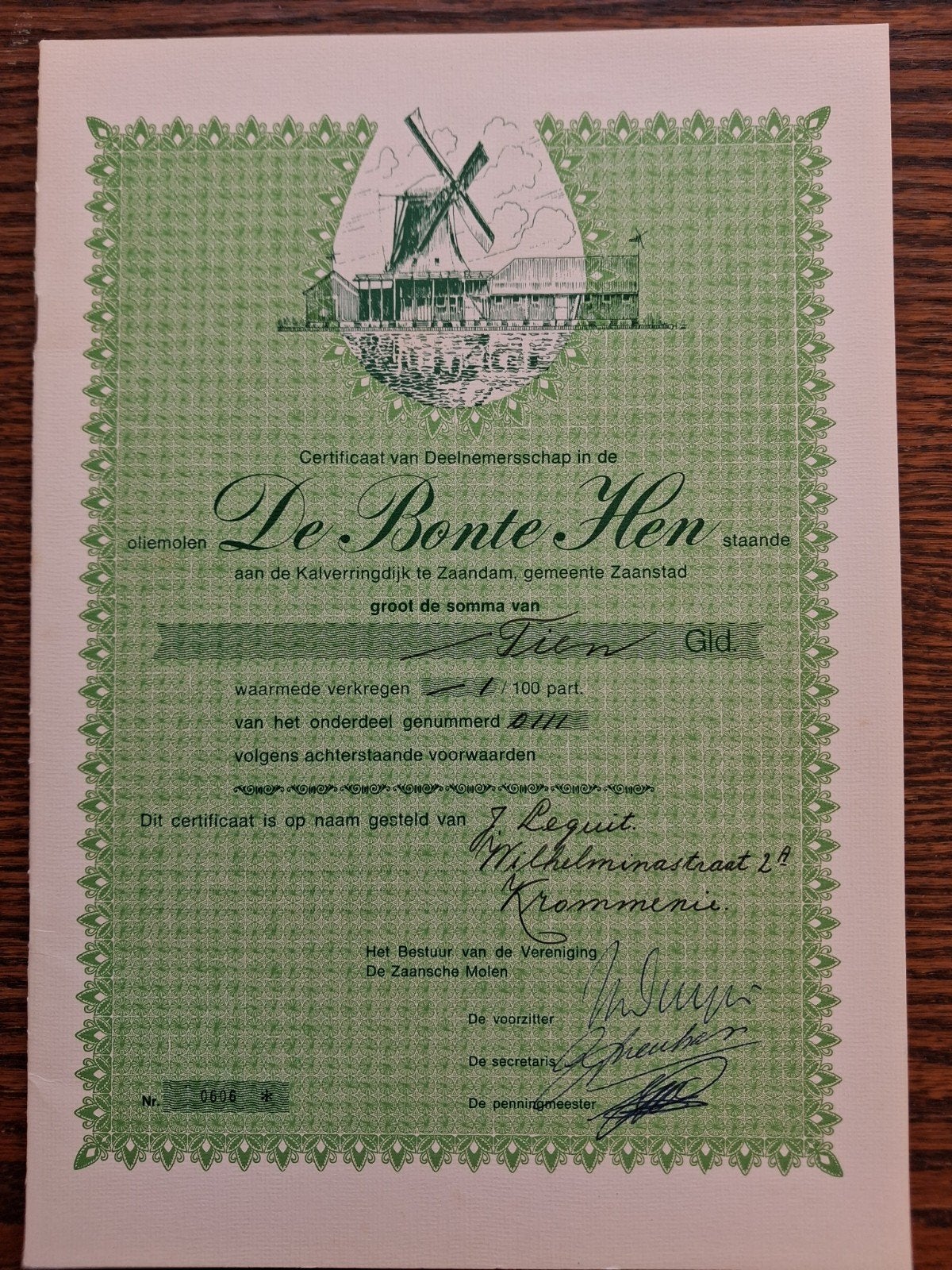 Certificaat Deelnemerschap Olie Molen De Bonte Hen Zaandam, Ophalen, Nieuw