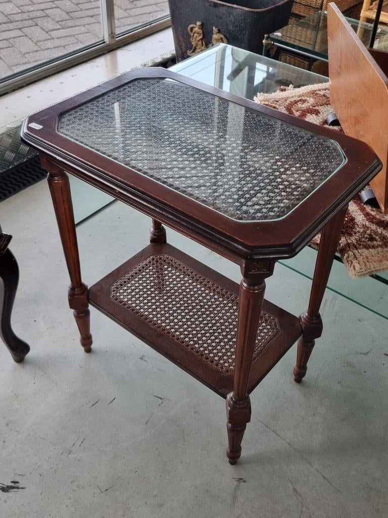Bijzettafel met glasplaat en rotan blad - Vintage, Antiek en Kunst, Ophalen