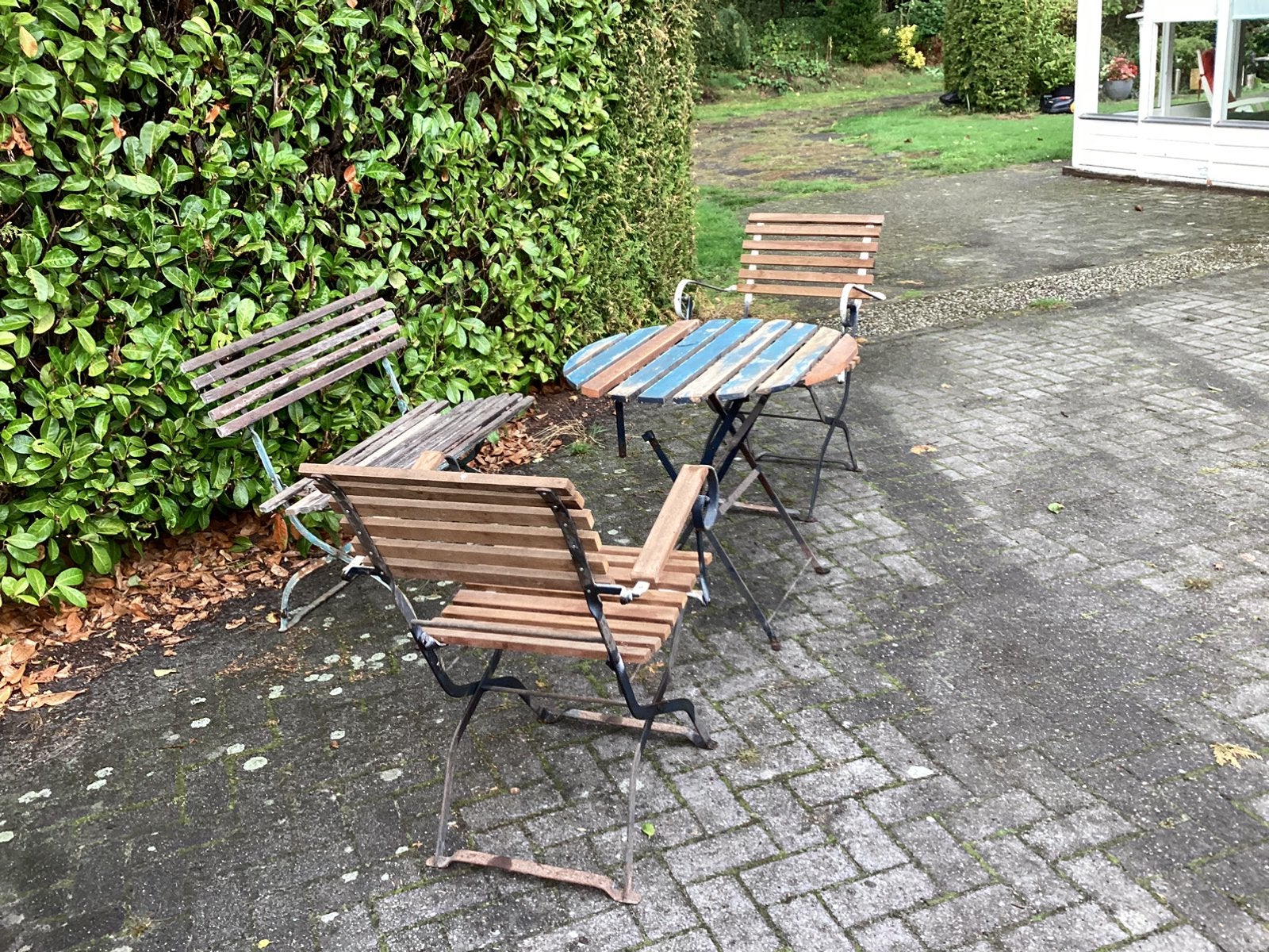 antiek tuinsetje stabiel om op ge zitten, Ophalen, 4 zitplaatsen, Gebruikt, Hardhout