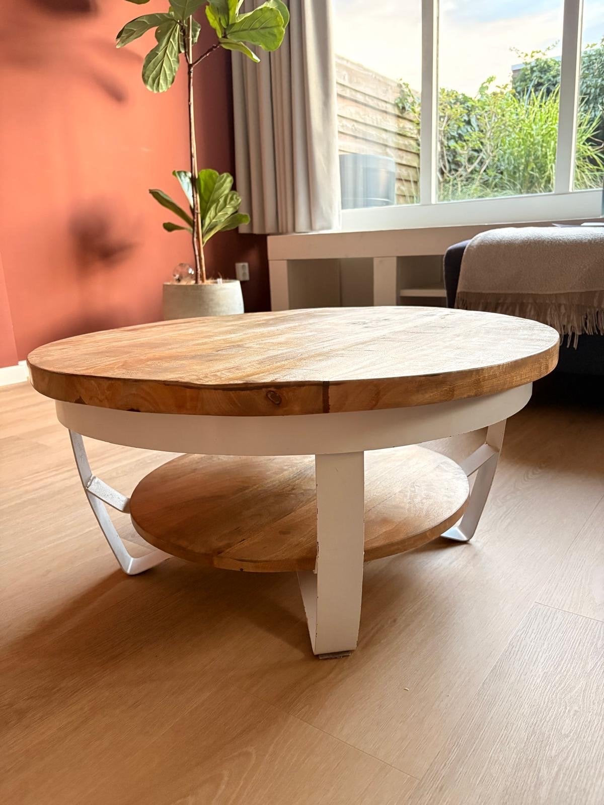 Ronde salontafel mangohout met wit stalen frame - 70x35 cm, Rond, Zo goed als nieuw, 5 – 50, Overige houtsoorten