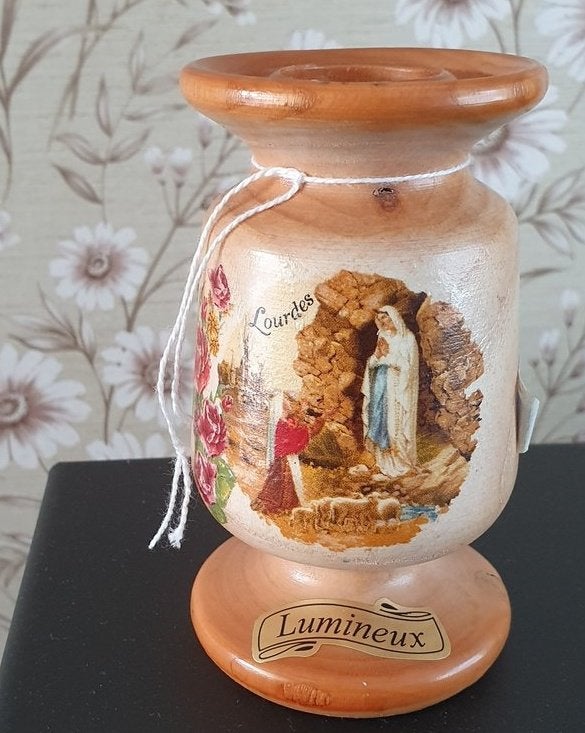 1406 vintage lourdes houten kandelaar heilige bernadette, Ophalen of Verzenden, Gebruikt