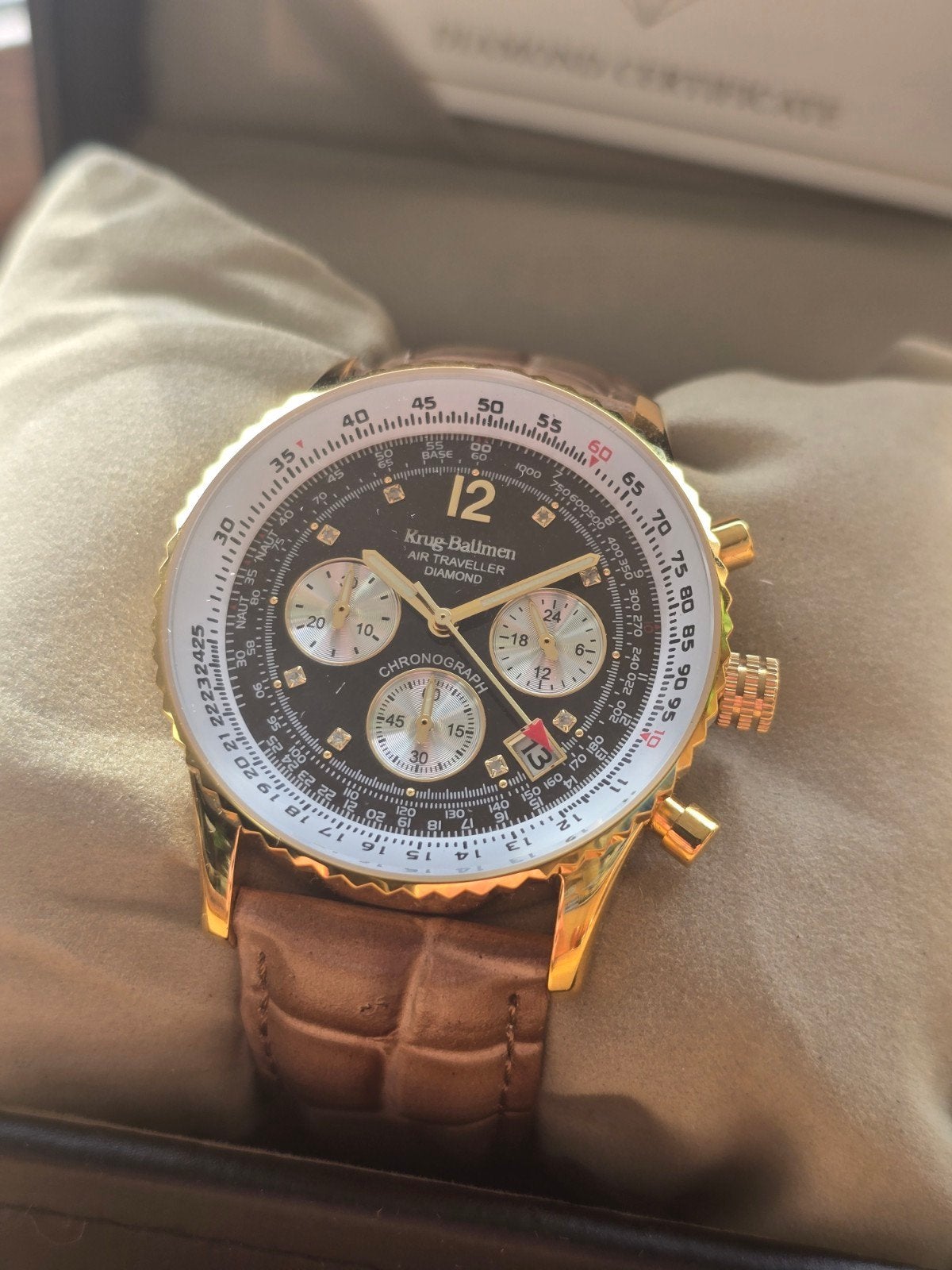 Krug Baumen Airtraveller Diamond Chronograaf NIEUW, Overige merken, Leer, Polshorloge, Nieuw