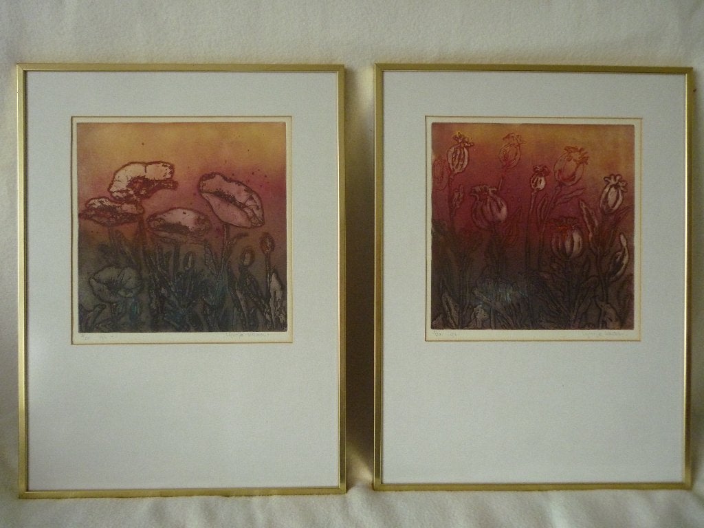 Ets papaverbollen & klaprozen - Lijntje Kraan set 2 stuks, Ingelijst, Ophalen of Verzenden, Flora en Fauna, 21 cm
