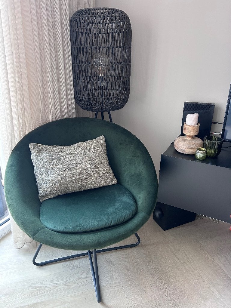 Groene velvet fauteuil, Ophalen, Zo goed als nieuw, 75 tot 100 cm, 50 tot 75 cm