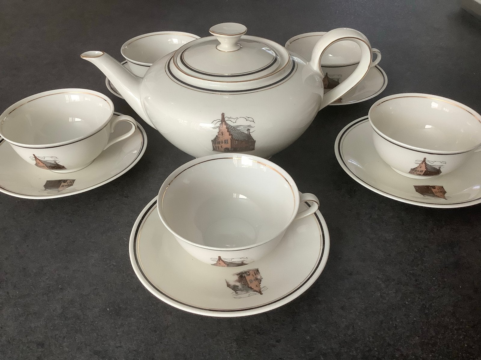 Vintage Ivory China GG theeservies met huisjesmotief, Ophalen of Verzenden