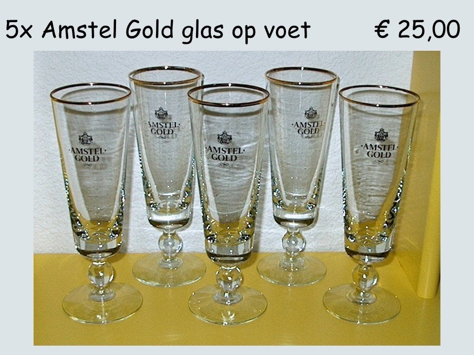 5 stuks Amstel Gold glazen op voet ( zeer oud ), Ophalen, Zo goed als nieuw, Glas of Glazen, Amstel