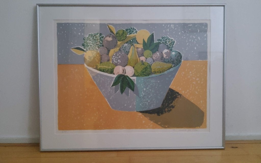 Zeefdruk 'Schaal met fruit' van Hendrik Jan Visser (1994), Ophalen, Zeefdruk, Gesigneerd, Overige onderwerpen
