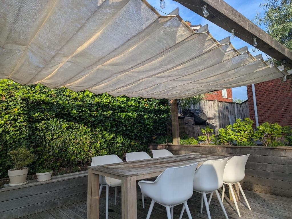 Nesling Coolfit Harmonicadoek 2,9x5m plus zijdoeken ivoor, Tuin en Terras, Schaduwdoeken, Ophalen, Zo goed als nieuw