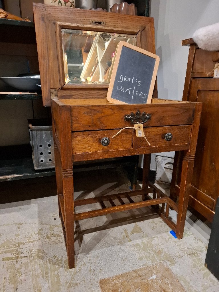 Leuk antiek tafeltje met klep, spiegel, vakken en 2 lades, Ophalen