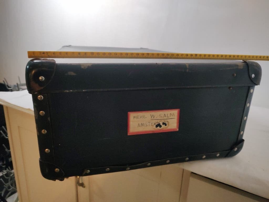K723 VINTAGE blauwe jaren 50 koffer met hoekversteviging, Overige materialen, Gebruikt, 45 tot 55 cm, Onbekend
