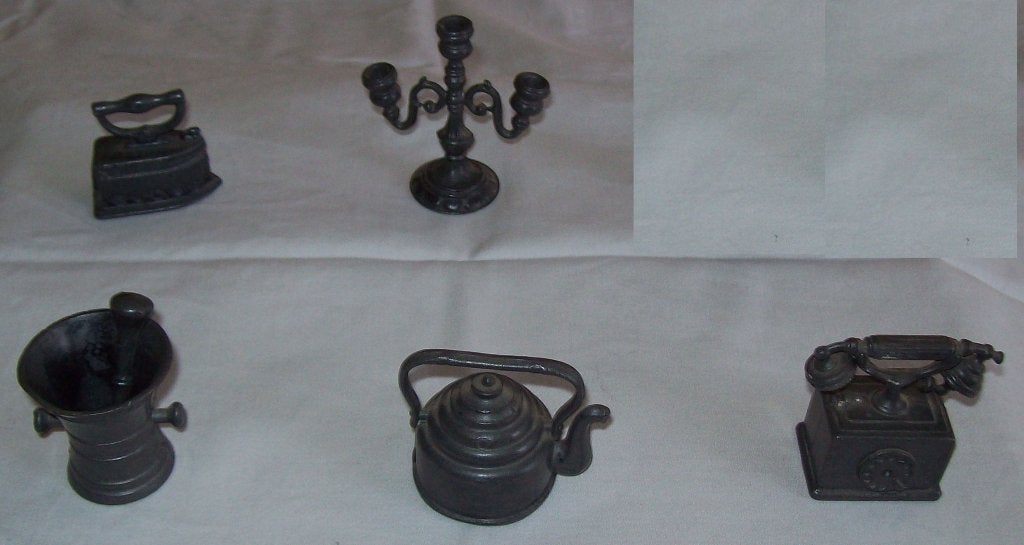 5 tinnen miniaturen voor letterbak of poppenhuis, Ophalen of Verzenden, Gebruikt, Overige typen