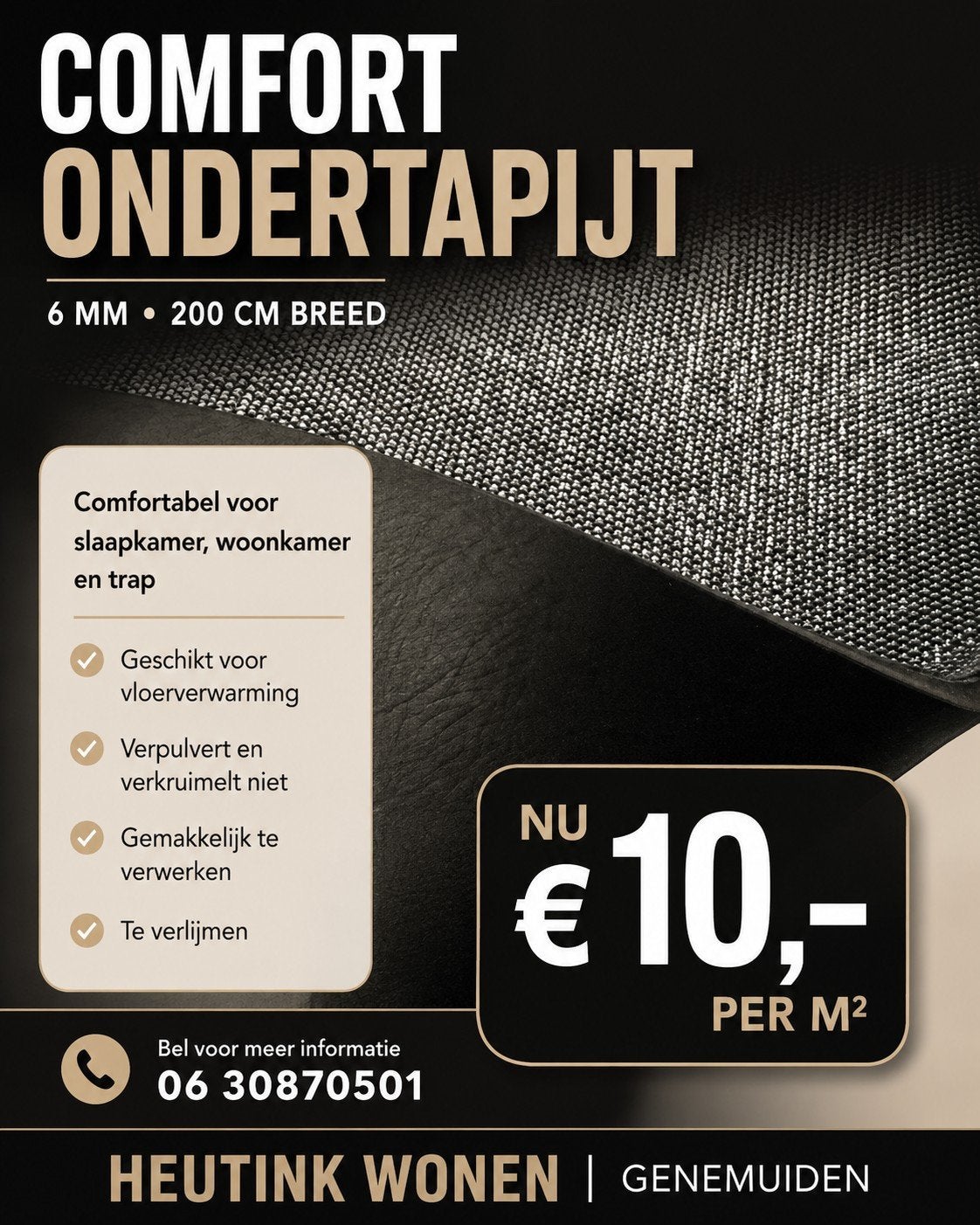 COMFORT ONDERTAPIJT – 6 MM

Zwart ondertapijt van 200 cm bre, Ophalen, 75 m² of meer, Zwart, Overige typen