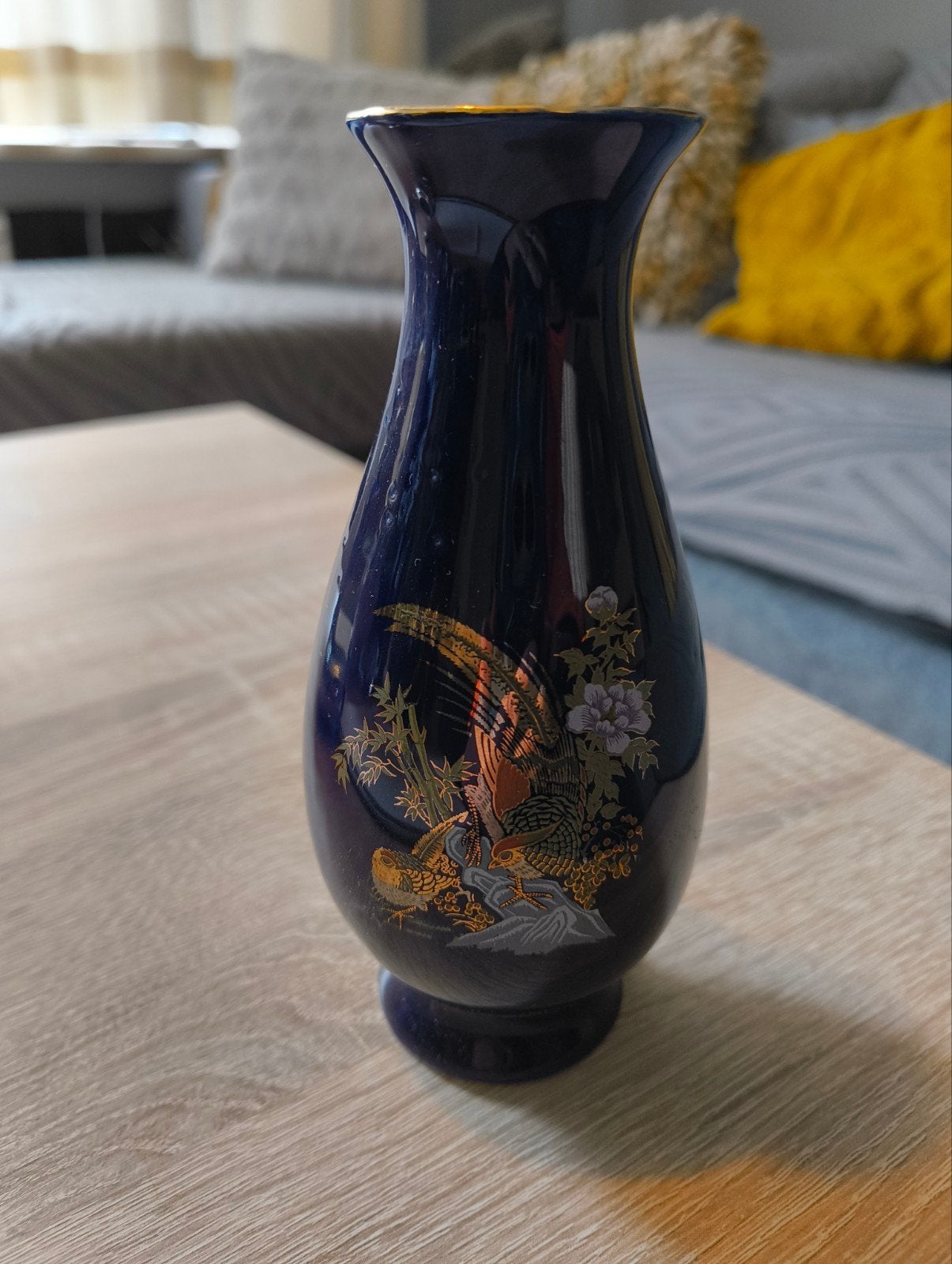 Vintage Kobaltblauwe Vaas met 22K Gouden Fazanten, Ophalen of Verzenden