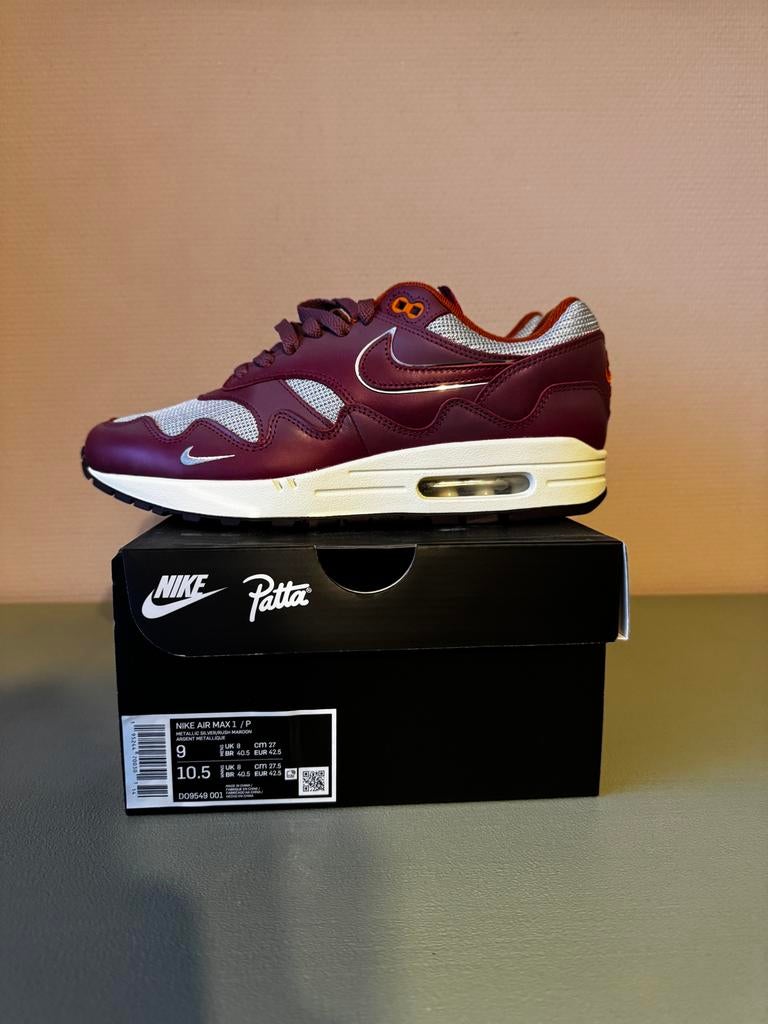 Nike Air Max 1 x Patta 'Wave' Maroon US9 EU42.5, Ophalen of Verzenden, Nieuw, Overige kleuren, Sneakers of Gympen