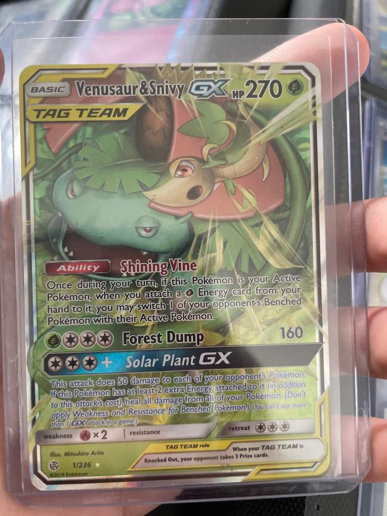 Venusaur & Snivy GX TAG TEAM Pokémon Kaart (1/236), Verzenden, Zo goed als nieuw, Losse kaart, Foil