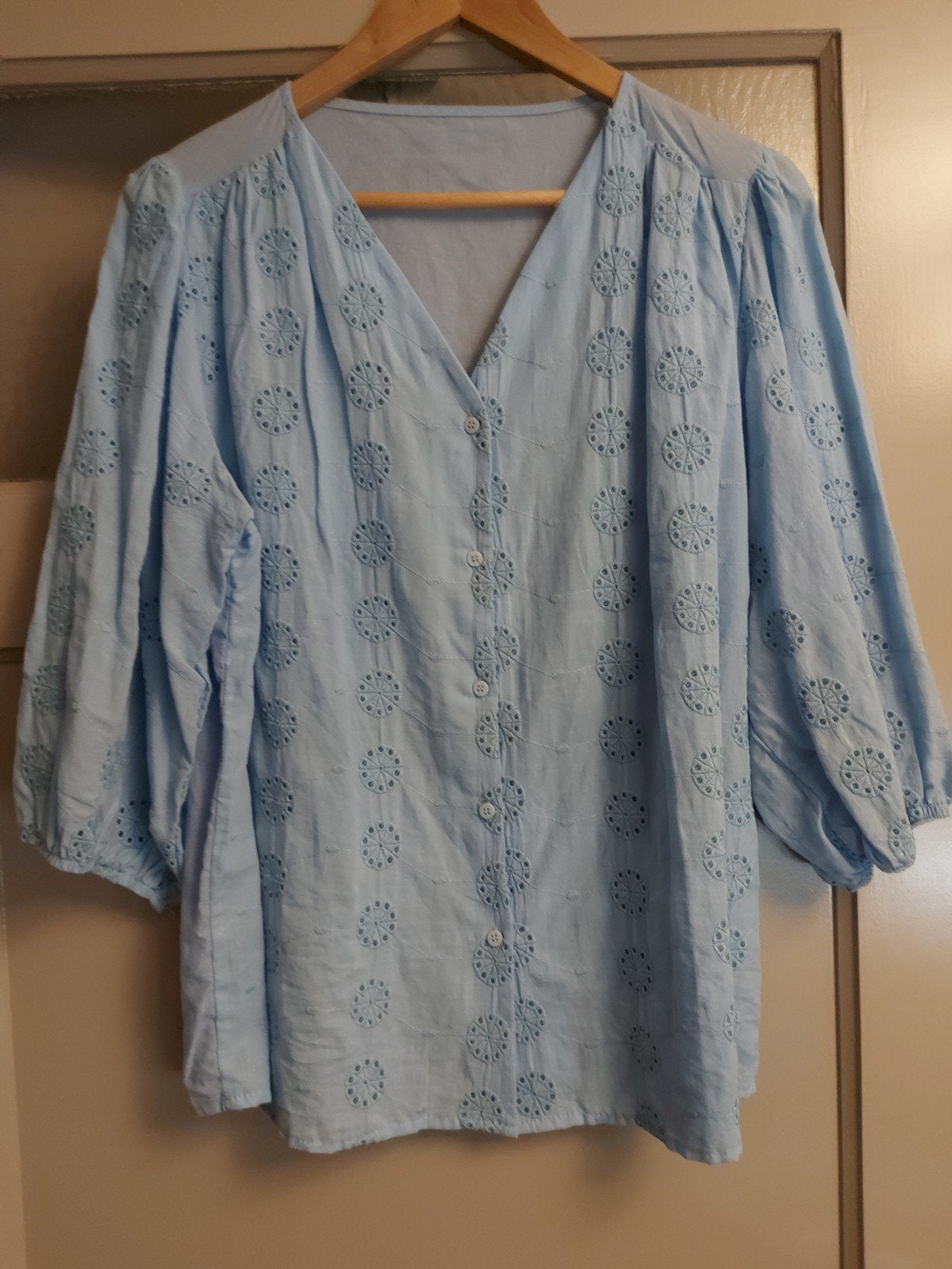 Lichtblauwe blouse met broderie mouwen, Blauw, Maat 42/44 (L), Nieuw, Ophalen of Verzenden