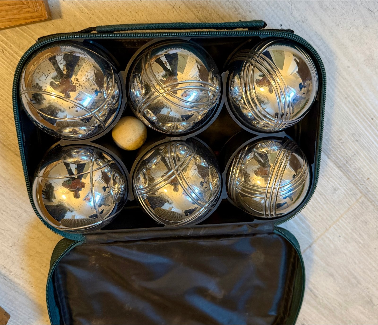 Petanque set - 6 metalen boules met but en tas, Sport en Fitness, Ophalen, Gebruikt