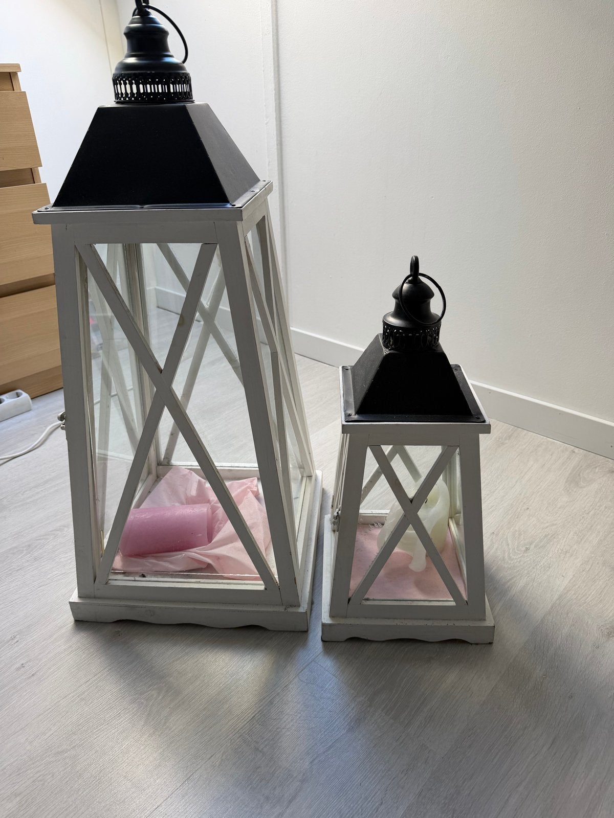 Set van 2 Witte Houten Lantaarns - Diverse Maten, Ophalen, Gebruikt, Lantaarn, Wit