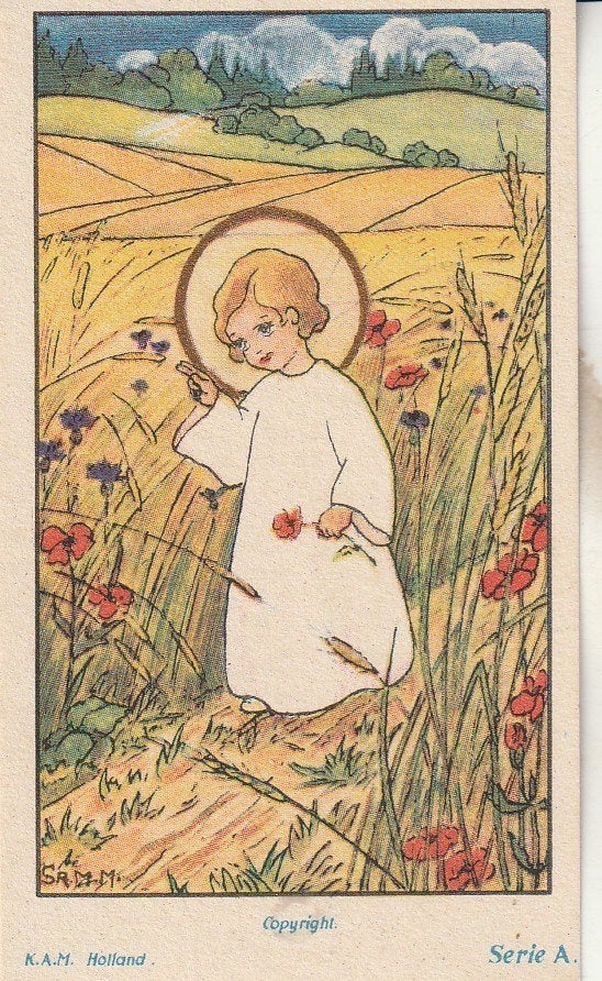 Vintage prentje Jezus kind in korenveld, Ophalen of Verzenden, Gebruikt, Kaart of Prent, Christendom | Katholiek