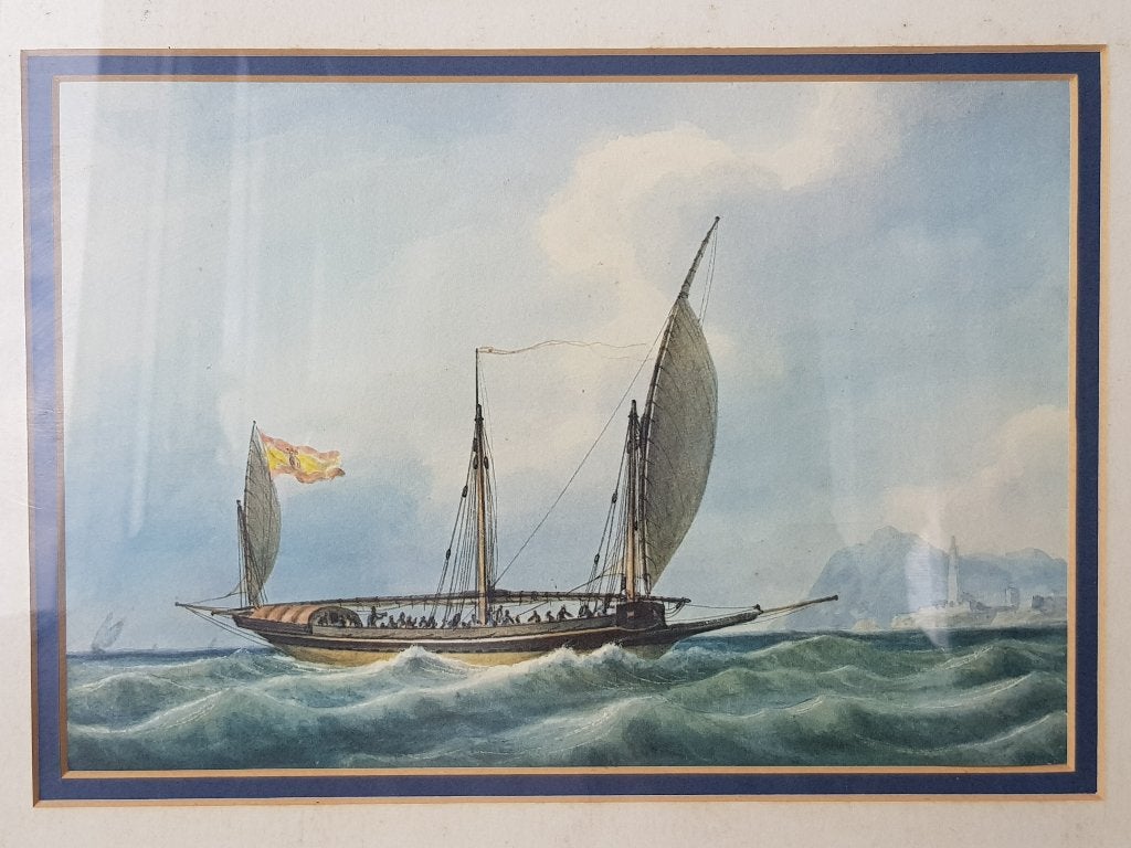 Mooie antieke ingelijste Engelse prent van historisch schip., Ingelijst, Ophalen of Verzenden, Landschappen