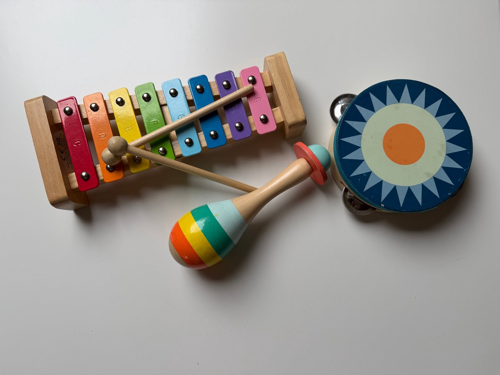 Houten muziek set: xylofoon, rammelaar, tamboerijn, Ophalen of Verzenden, Gebruikt, Overige typen, Met geluid