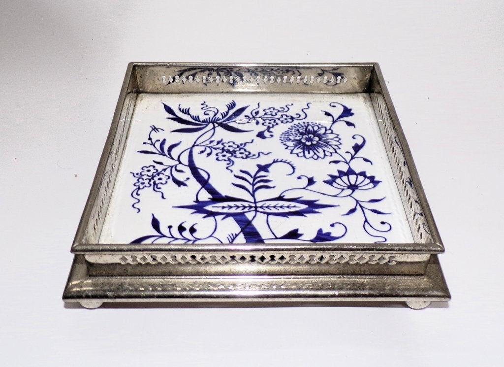 Art deco / art nouveau plateel dienblad met nikkelen rand., Ophalen of Verzenden