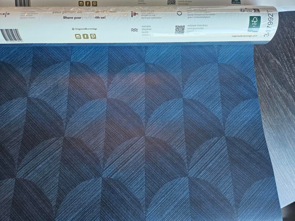 Origin Behang - 3 rollen Luxe Vliesbehang Blauw, Ophalen of Verzenden, Minder dan 10 m², Blauw, Modern Geometrisch