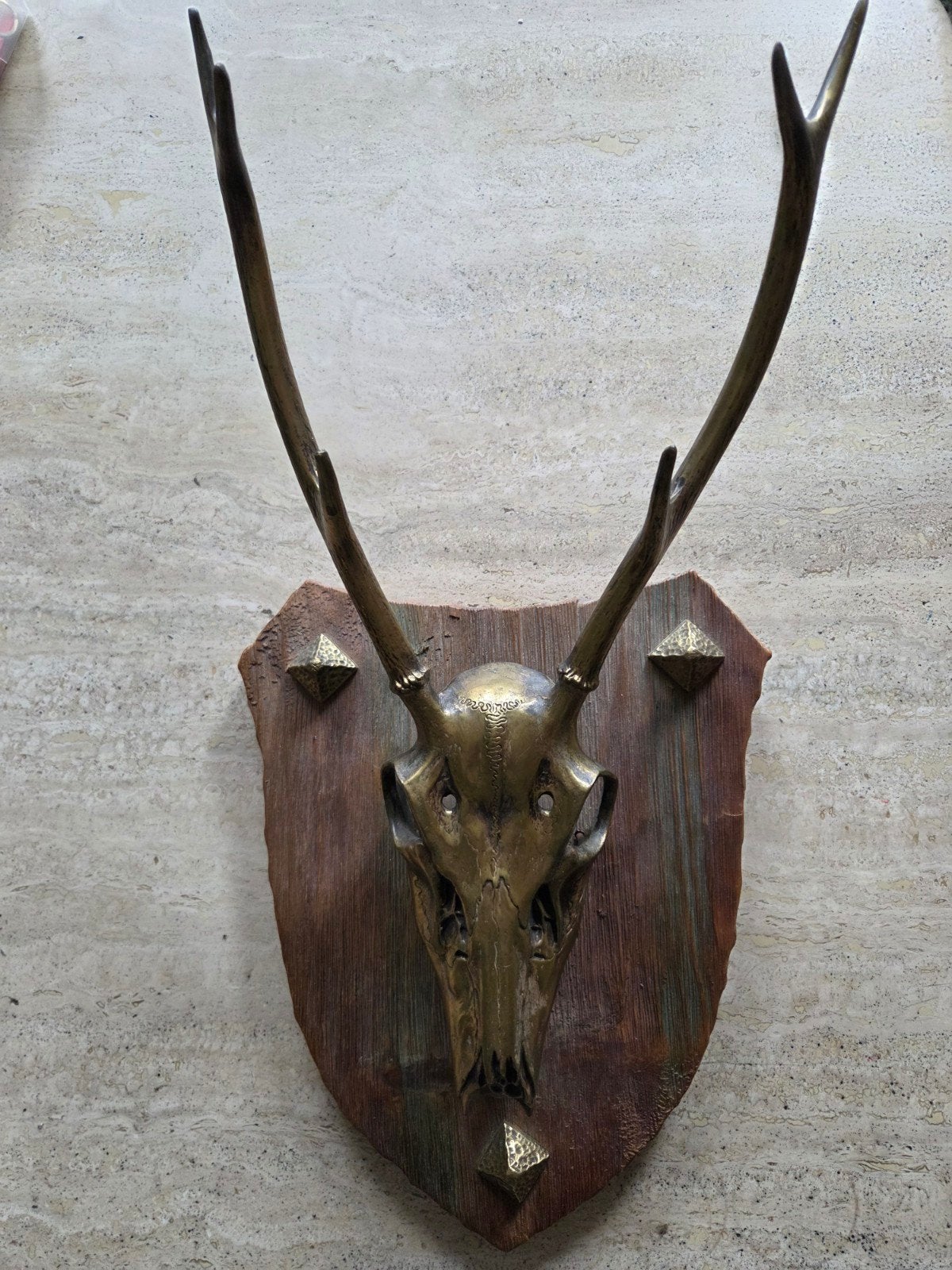 Vintage Hertenkop Trofee - bronzen Gewei op Houten Schild, Antiek en Kunst, Ophalen of Verzenden