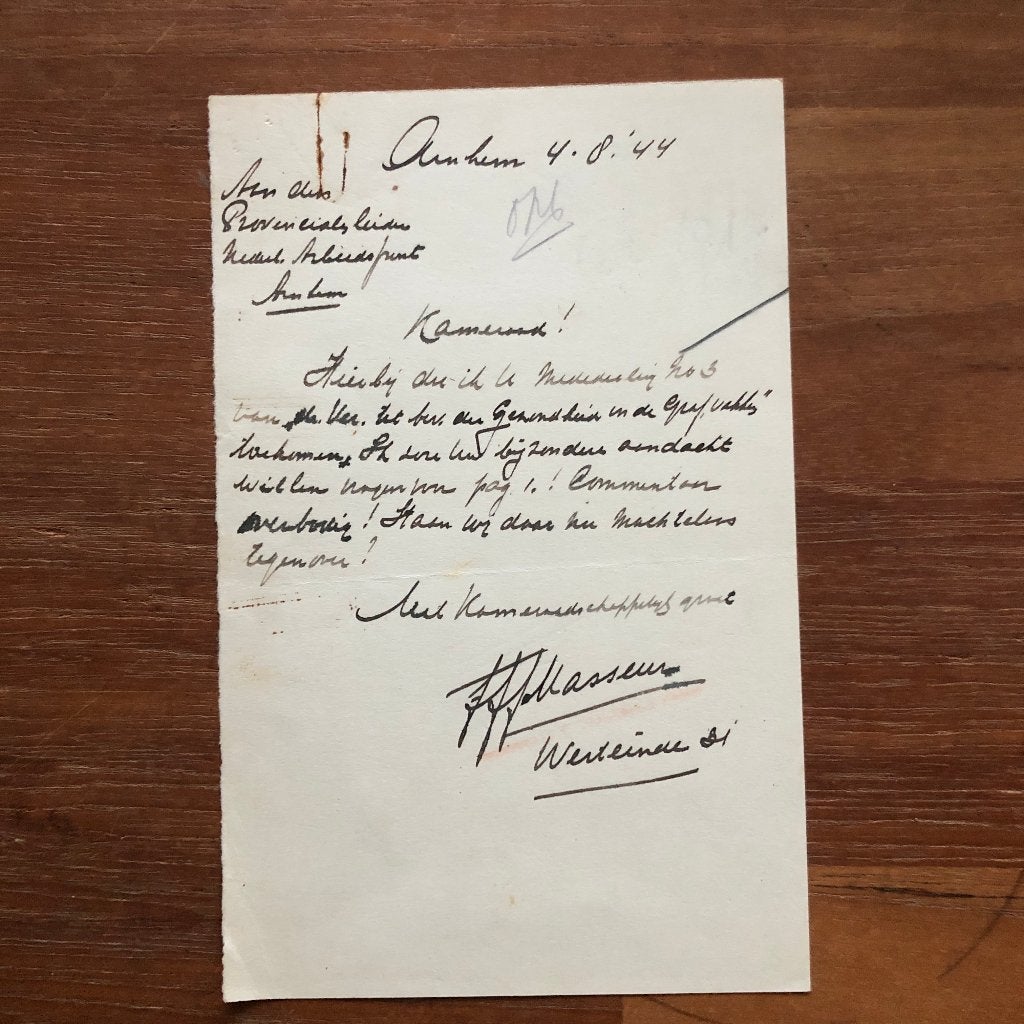 4-8-1944. NSB-Arnhem. Masseur (naam niet goed te lezen,, Verzenden, Nederland, Overige typen